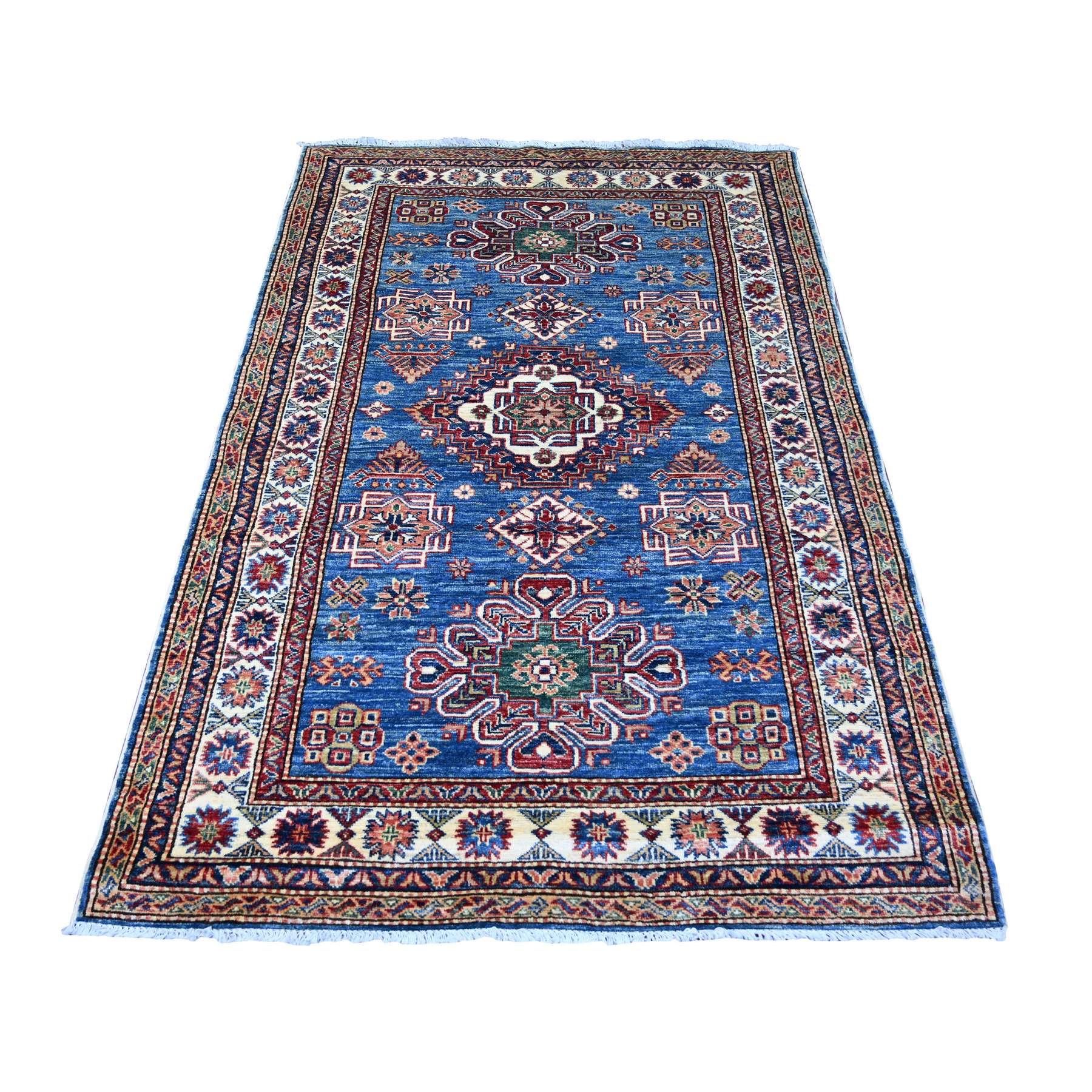 Marlin Blue, Afghan Super Kazak with Tribal Medallions Design, Hand Knotted, Velvety Wool, Vegetable Dyes, Oriental Rug